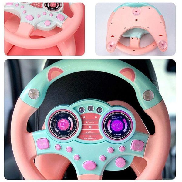 Interactive toy steering wheel for kids with fun sounds and lights, perfect for pretend play and developing motor skills.