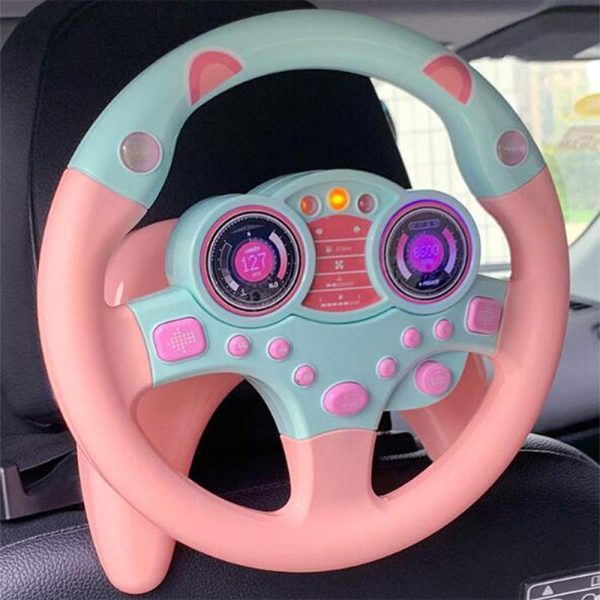 Interactive toy steering wheel for kids with fun sounds and lights, perfect for pretend play and developing motor skills.