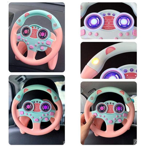 Interactive toy steering wheel for kids with fun sounds and lights, perfect for pretend play and developing motor skills.