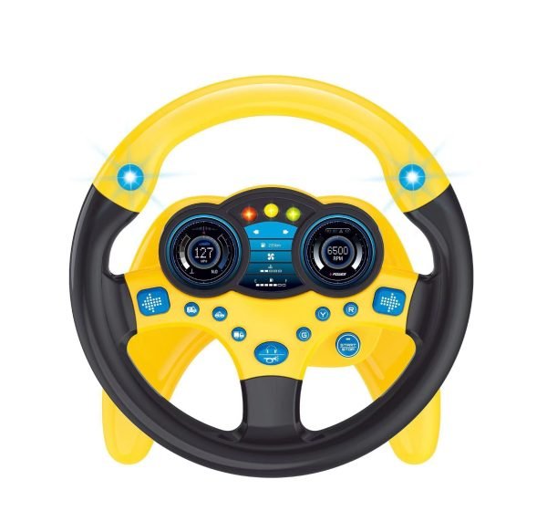 Interactive toy steering wheel for kids with fun sounds and lights, perfect for pretend play and developing motor skills.