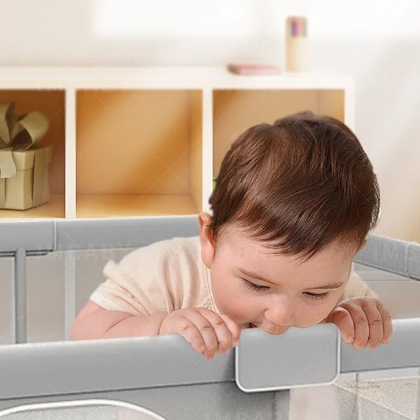 Baby Playpen with Pull Ring Safety Barrier - Light Gray Corralito for Indoor Playground & Ball Box Game - Safe Space for Infants & Toddlers