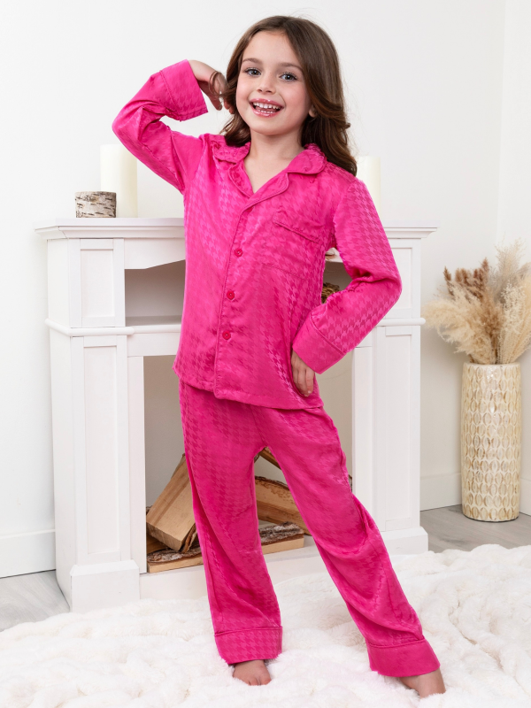 Silky Satin Pajama Set | Pink Houndstooth Print for Mom and Daughter Matching Sleepwear