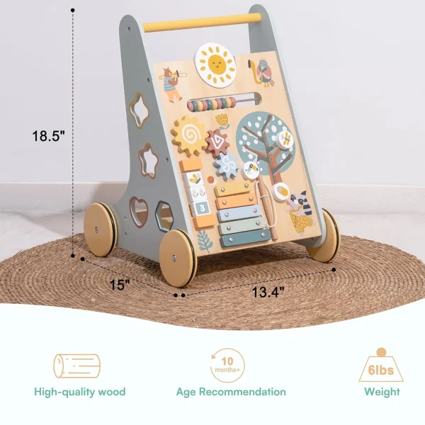 Wooden Baby Push Walker with Activity Center | Non-Slip Wheels & Educational Toys