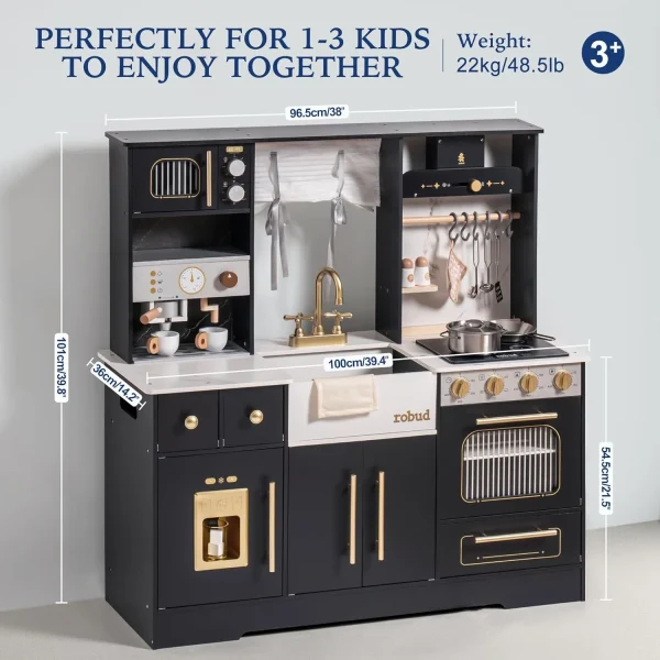 Large Wooden Toy Kitchen Set for Kids 3+ | Black Color, Realistic Oven, Ice Maker & Coffee Machine